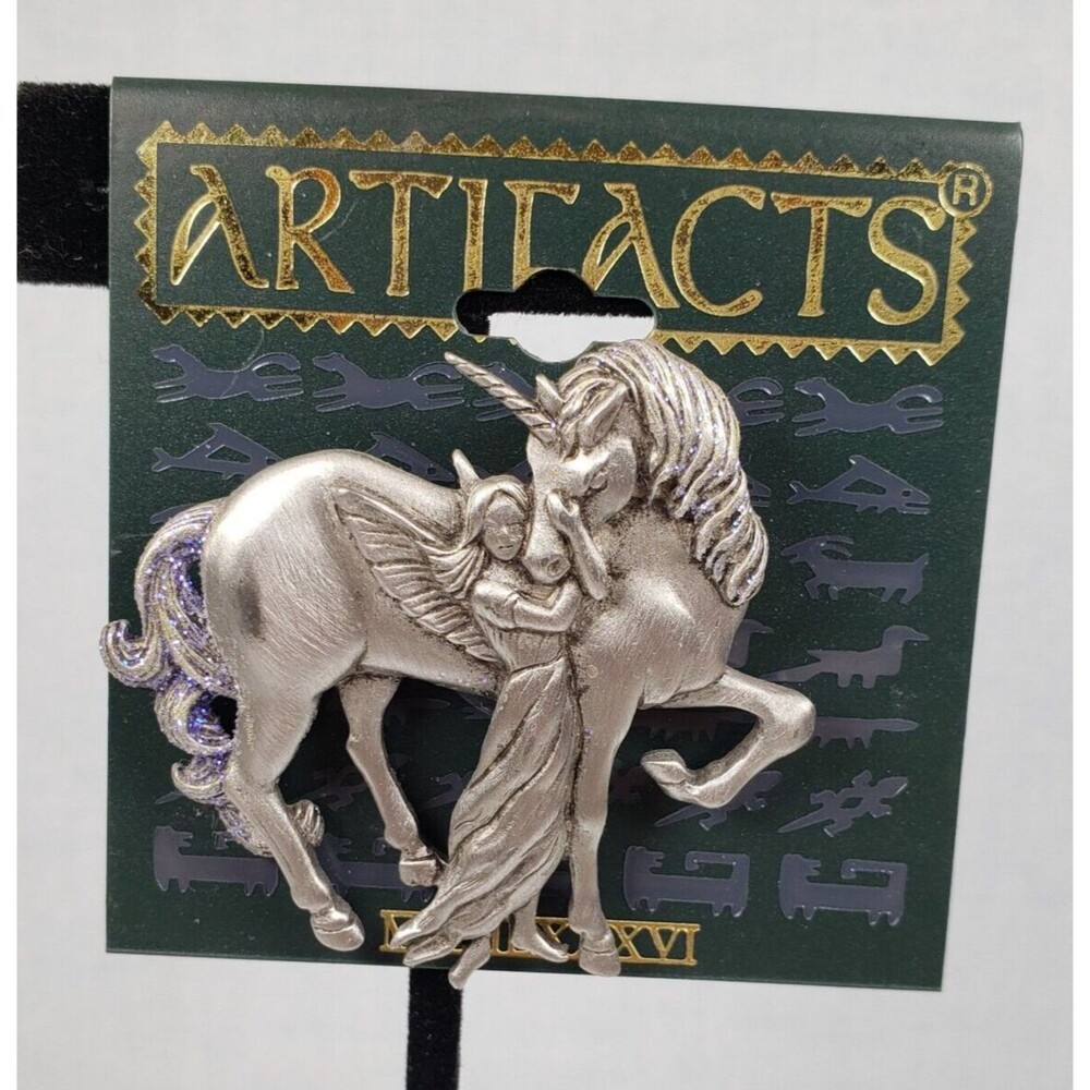 Vintage 1986 JJ Jonette Silver Tone Pewter Unicorn w/Fairy Purple Accents Brooch